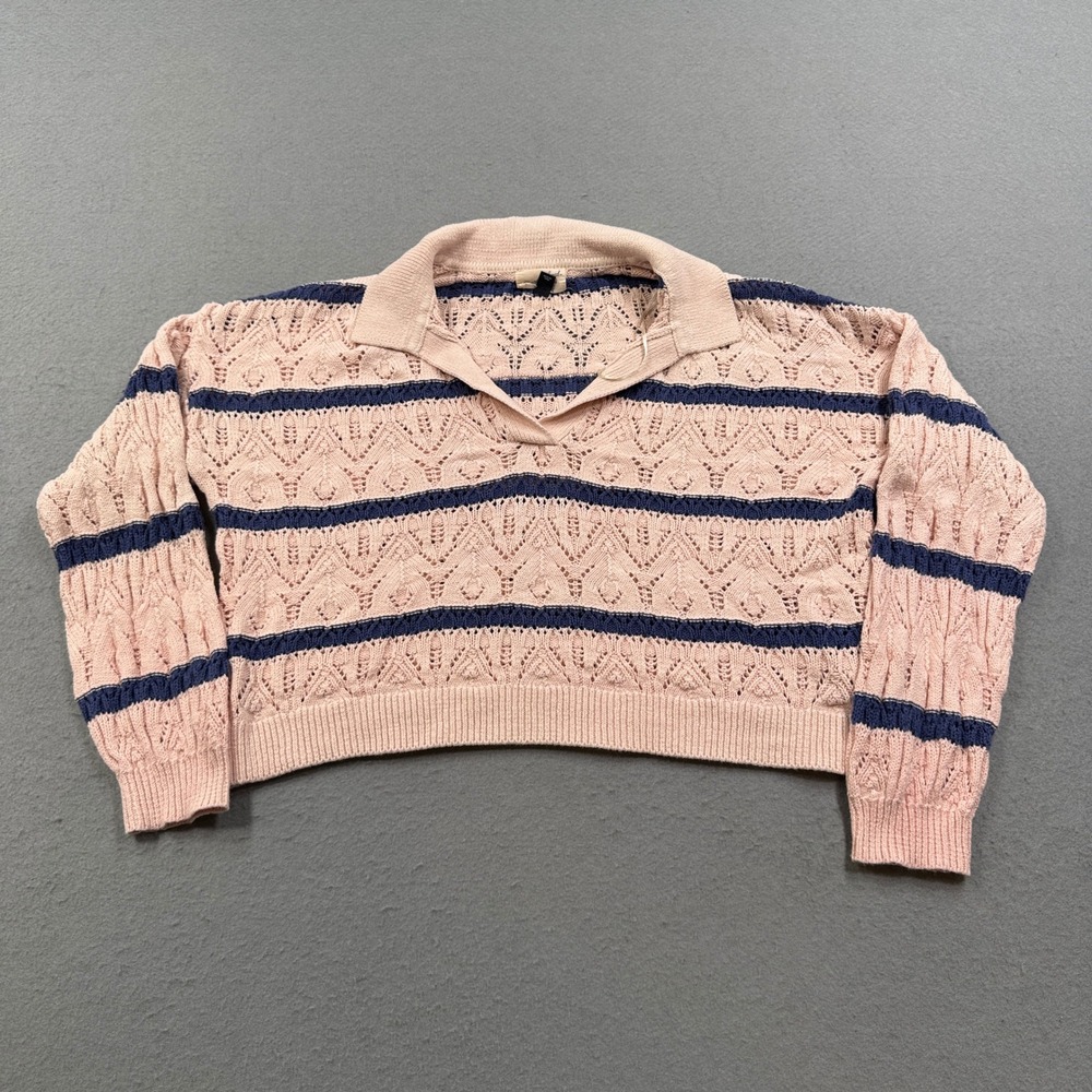 Universal Thread Sweater Women's L Pink Striped Pointelle Knit Cropped Pullover‎